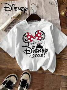 Disney Printed T-Shirt,  Genuine Disney Has Been Authorized, Minnie's Head Is Like Disney Castle And Disney 2026. Disney Pattern Printing-Short-Sleeved Cotton T-Shirt, Unisex,High-Quality Pure Cotton T-Shirt,Suitable For All Seasons, Comfortable And Breathable| Exquisite Design | The Best Choice For Giving Gifts - 白色 - 查看 2