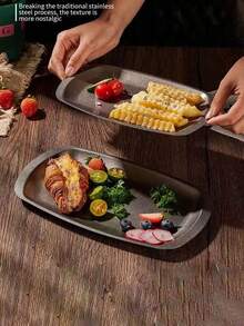 1pc Vintage Distressed Stainless Steel Rectangular Flat Plate, Steak Snack Dessert Dish, Shallow Plate, Commercial Barbecue Tray - View 3