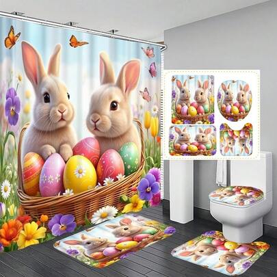 1件/3件/4件装复活节兔子、花卉、彩蛋多功能浴室装饰浴帘套装，赠送12个挂钩，营造优雅节日氛围，含浴室地垫、U型马桶垫和圆形马桶垫，适用于各种浴室场景。