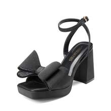 Women Chunky Platform High Heeled Sandals, Fashion Bow Knot Ankle Strap Heeled Sandals, Open Square Toe Summer Sandals For Prom, Party, Wedding - 黑色 - 查看 3