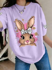 1pc Girls' Cartoon Rabbit Bow Print Round Neck Short Sleeve T-Shirt, Cute Cartoon Theme Loose Summer Style, Soft And Comfortable Top - Mauve Purple - View 2