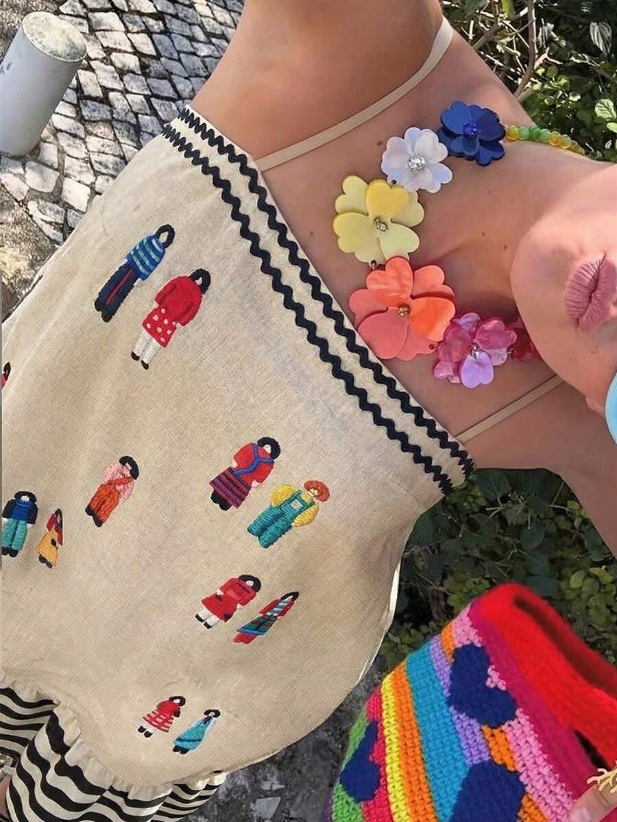 标准尺码女士休闲度假连衣裙，撞色肩带，织带拼接，条纹人物印花，春夏优雅款 - 杏色 - 查看 1