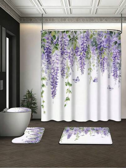 4件套浴室防水防霉速干涤纶浴帘套装，72x72英寸，包含紫藤花蝴蝶水彩印花浴帘、浴室地垫、U型地垫、马桶盖套，附赠12个挂钩，适用于家庭、公寓、宿舍。