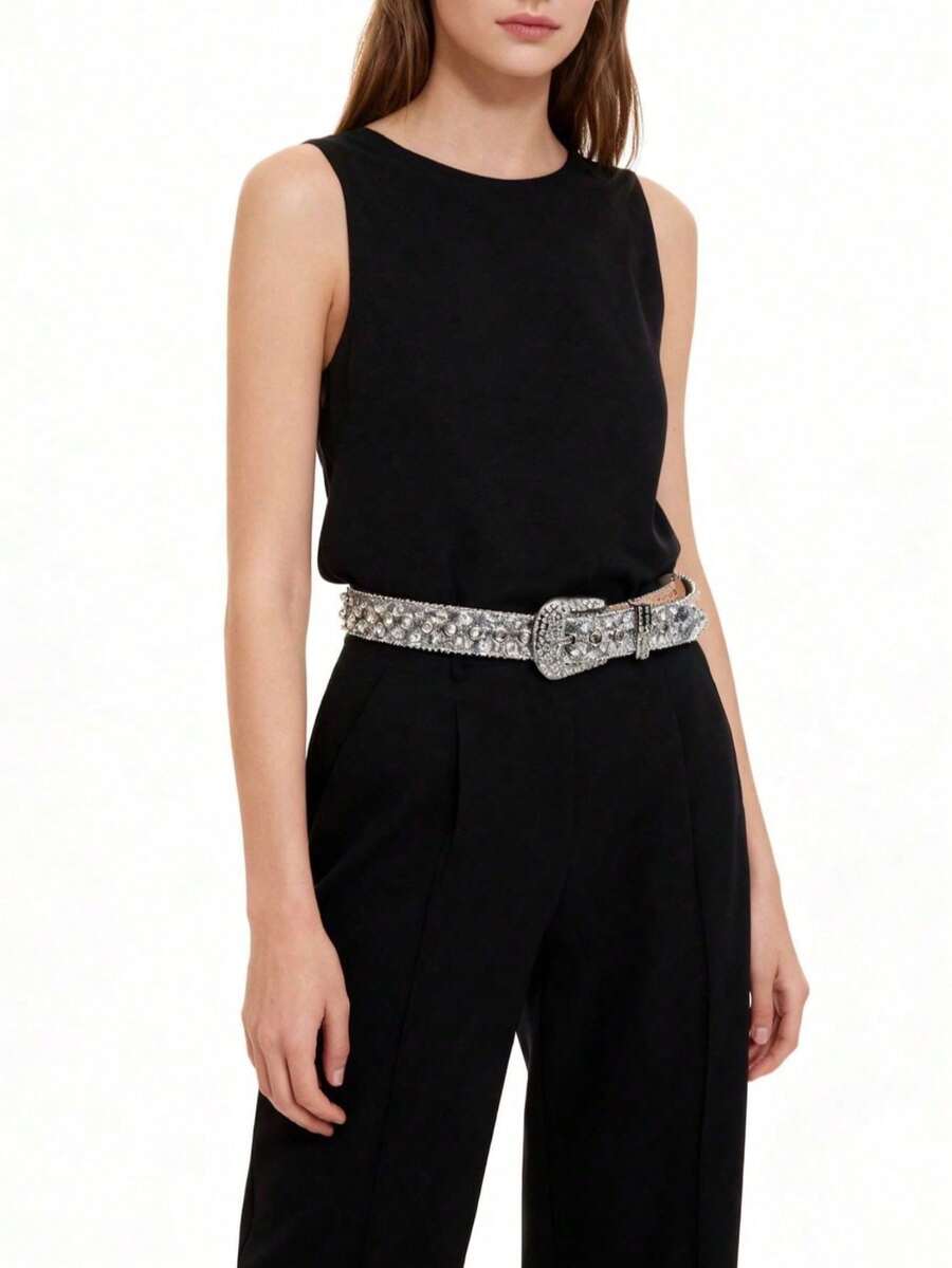 1pc Unisex Rhinestone Embellished Belt, Suitable For Party And Daily Wear - Silver - View 1