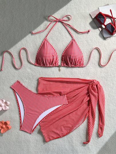 Nowy, modny damski, 3-częściowy komplet bikini, wisior z nadrukiem w kratkę, z odkrytymi plecami, odpowiedni na plażę, basen, wakacje, do opalania