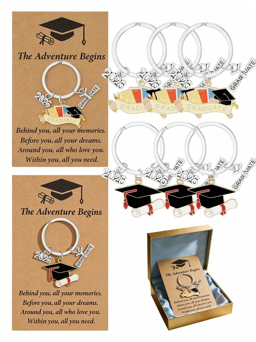 2026届毕业季钥匙扣套装（6件），包含毕业帽钥匙扣和贺卡，金属合金毕业纪念挂件，庆祝毕业，2026届毕业生，毕业礼物，背包挂件 - 多色 - 查看 1