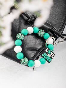 1pc Christian Beaded Bracelet Keychain - "Jesus, Coffee & Prayer" Silicone Bead Bracelet Keyring, Inspirational Religious Gift For Women - Multicolor - View 5