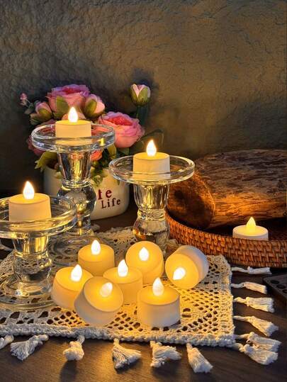 6/12/24pcs LED Electronic Tea Lights, Battery Powered Flameless Candles, Tea Light Candles, Romantic Candle Lights For Birthday Party Wedding Decoration, Home Decor, Gifts, Fake Candles, Graduation
