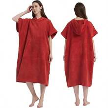 1件红色速干连帽沙滩浴巾浴袍，冲浪斗篷换衣巾 - 紅色 - 查看 1