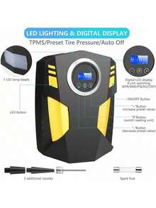 12V Portable Tire Inflator With Digital Display, LED Light And Automatic Stop For Cars And Bicycles - Wired - View 2
