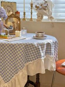1pc Blue Plaid Tablecloth With French Ruffle Lace Trim, Suitable For Dining Table, Coffee Table, Bedside Cabinet Dust Cover - Multicolor - View 5