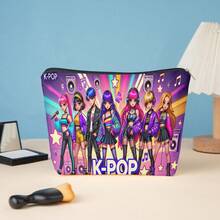 1个K-Pop组合主题化妆旅行收纳包，双面亚麻化妆包 - 印有K-Pop标志，韩国流行文化设计，可折叠男女通用手拿包，可用作文化包、铅笔盒、K-Pop粉丝礼品袋（可机洗） - A - 查看 4