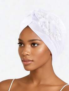 1 件女士闪亮 3d 花朵刺绣帽子头巾帽适合日常佩戴波西米亚风帽子发帽头巾情人节 - 黑色 - 查看 8