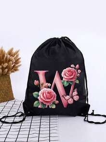 1pc Summer New Floral & Letter Outdoor Sports Bag, Football Backpack, Basketball Backpack, Boys & Girls Sports Bag, Hiking Backpack, Large Capacity Lightweight Drawstring Bag - Black - View 26