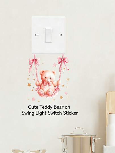 1pc Cartoon Bear Switch Sticker, Children's Bedroom Decor Wall Sticker, Pink Swing Bear Switch Sticker, Suitable For Decorating Home Room Switch Socket