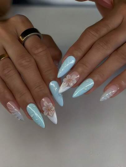 24片梦幻冰蓝渐变杏仁形美甲贴片，3D立体花朵水滴波浪纹假指甲，裸色法式甲尖，亮泽夏季假指甲，适合女性度假