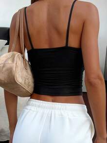 Freeform Spring/Summer Camisole Top, Fashionable Minimalist Casual Commute Elegant Vacation Warm High-End Versatile Slimming Women's Sleeveless Hollow Neck Regular Length Top, Stretchy Fabric - Black - View 2