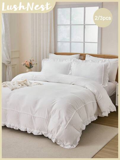2/3 Pieceswhite Solid Color Small White Ball With Surrounding White Ruffle Bedding Set, Chemical Fiber Polyester Bohemian Style Bedding Set, Duvet Cover Set, Bedding Set, Queen King Twin Size, Suitable For Various Scenarios Such As Bedrooms And Dormitories, Preferred For Holiday Gifts, All-Season Soft And Skin-Friendly Household Items, 1*Duvet Cover + 1/2*Pillowcases, Without Core