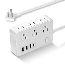 Regleta/tomacorriente (estándar estadounidense), ideal para oficinas y salas de estar. Cuenta con 6 tomas de CA y 4 puertos USB, protección contra sobretensiones, montaje en pared y es ideal para oficinas y hogares. Color blanco. - Tipo de Enchufe A USA (110-127V) - Ver 2