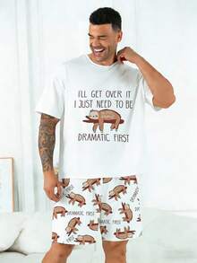 Conjunto de pijama para hombre talla grande | Parte superior de cuello redondo y manga corta y pantalón corto casual con cintura elástica, conjunto de 2 piezas | Tela de punto de poliéster, transpirable y cómoda de corte holgado | Diseño casual con estampado lindo de perezoso - Blanco - Ver 7