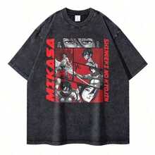 1 Piece, 2026, Eren Jaeger 2D T-Shirts, Vintage Washed Anime T-Shirts,  T-Shirt, Shingeki No Kyojin Manga, Mikasa Short Sleeve T-Shirts - 黑3 - 查看 1