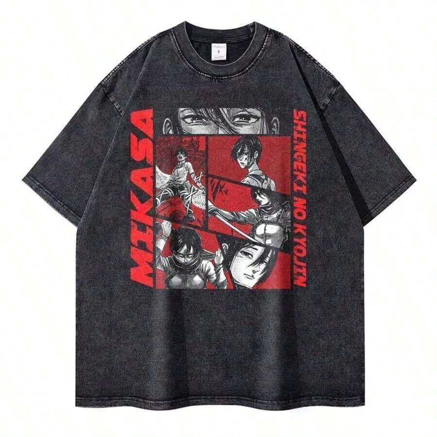 1 Piece, 2026, Eren Jaeger 2D T-Shirts, Vintage Washed Anime T-Shirts, T-Shirt, Shingeki No Kyojin Manga, Mikasa Short Sleeve T-Shirts - 黑3 - 查看 1