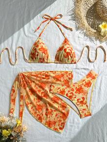 2026 New Fashion Casual Women's Bikini Set With Tie Strap & Sarong Skirt 3-Piece, Suitable For Spring/Summer Daily, Beach, Resort, Pool Party Vacation - Yellow Orange - View 2