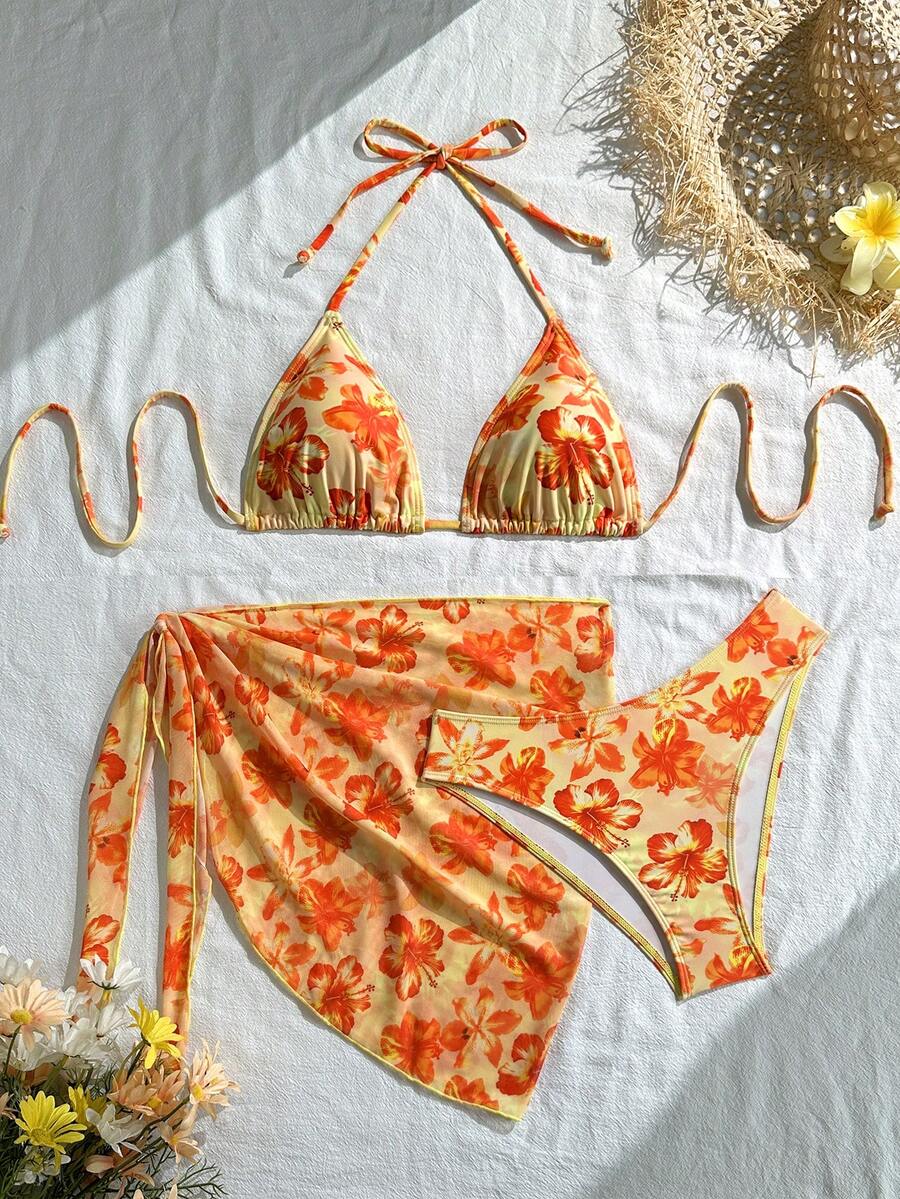 2026 New Fashion Casual Women's Bikini Set With Tie Strap & Sarong Skirt 3-Piece, Suitable For Spring/Summer Daily, Beach, Resort, Pool Party Vacation