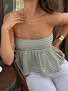 Áo croptop nữ không tay kẻ sọc, trễ vai, dáng xòe, eo ôm, chất liệu hơi co giãn. - màu xanh mơ - Xem 6