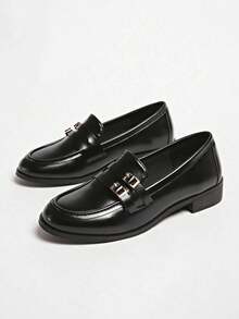 女士棕黑色翻盖口袋乐福鞋，圆头 - 黑色 - 查看 1