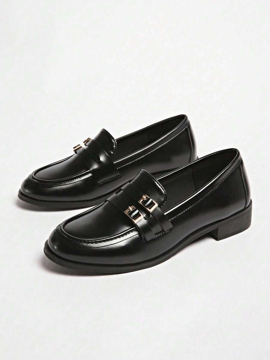 女士棕黑色翻盖口袋乐福鞋，圆头 - 黑色 - 查看 1