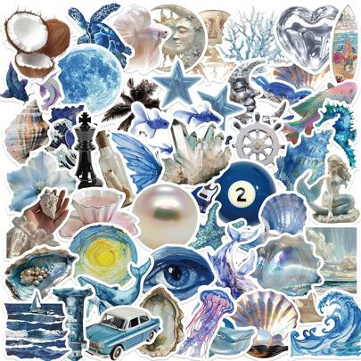 50pcs/Pack Blue Ocean Shell Faux Pearl Whale DIY Creative Stickers,Laptop PC Computer Mobile Smartphones Phone Case Guitar Desktop Cup Travel Motorcycles Car Accessories Sticker Scrapbook Supplies Stationery Funny Stickers Kindle