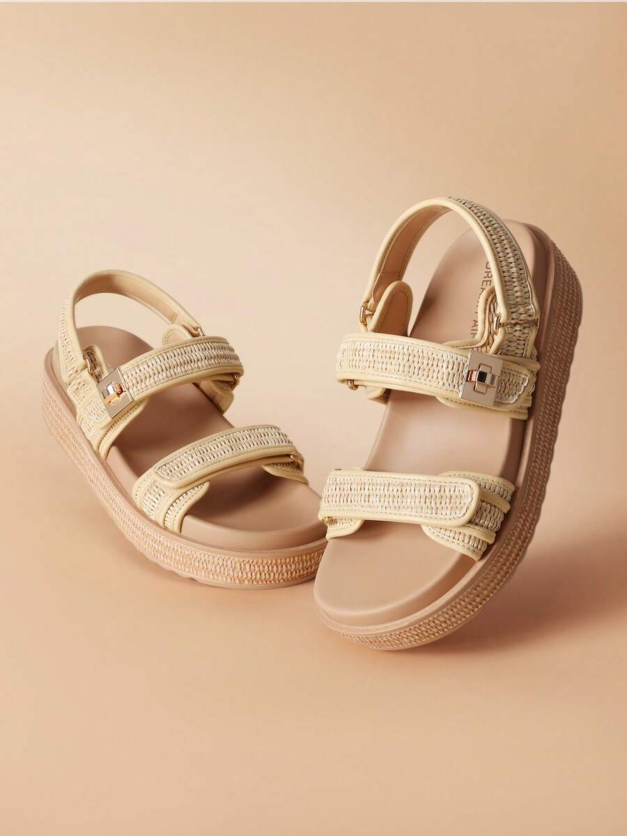 Women's 1.61-Inch Platform Wedge Sandals Arch Support Comfortable Open Toe Casual Dressy With Adjustable Straps PP Straw Shoe Upper For Beach Vocation Commuting Summer Apricot Shoes - 杏色 - 查看 1
