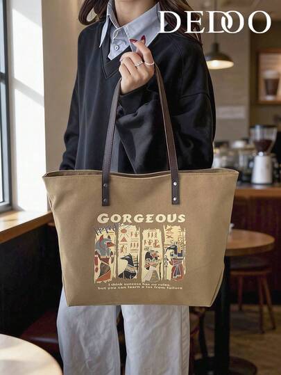 Dedoo Literary Retro Egyptian Style Printed Large-Capacity Canvas Tote Bag, Women's Personalized And Inspirational Style Shoulder Bag, Suitable For Daily Commuting, Library Study, Citywalk, Going To School Or Short Trips