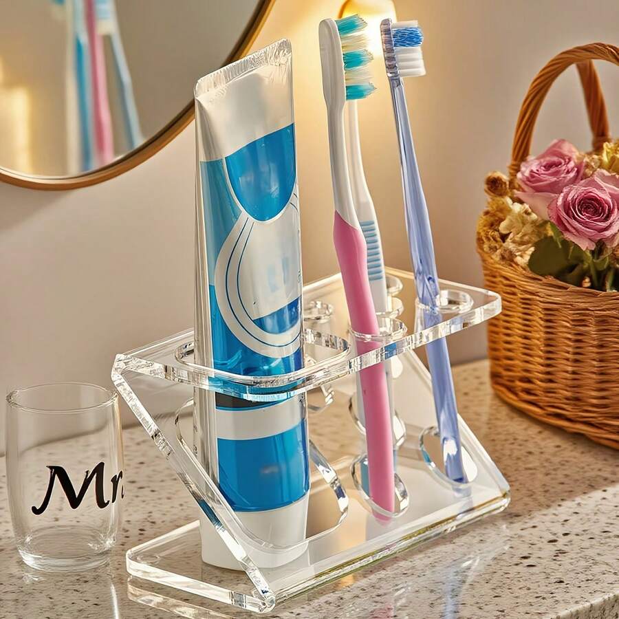 Premium Clear Acrylic Toothbrush Holder, Multi-Slot Bathroom Organizer For Electric Brushes & Toothpaste, Aesthetic Waterproof Space-Saving Vanity Countertop Decor - Multicolor - View 1