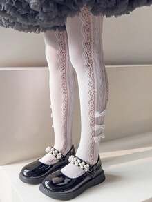 1pc Spring/Summer Lightweight Side Bow Mesh Pantyhose, Girls Black/White/Beige Leggings, Hollow Heart Breathable Base Layer Socks, Suitable For Girls Aged 1-14 - Multicolor - View 7