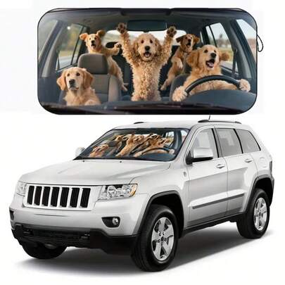 1pc Funny Golden Retriever Car Sun Visor, Fashionable Women's Sunshade, Made Of Polyester Fiber, Suitable For Various Vehicle Front Windshields, Provides Heat Insulation And Privacy Protection, Keeps Your Car Cool, Foldable For Easy Storage
