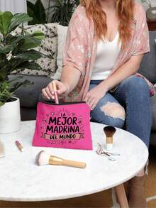 Best Godmother' Pattern Cosmetic Bag, Gift For Girls, Cute Retro Minimalist Letter Print Pouch, Small Items Storage Bag, Makeup Organizer Bag, Toiletry Bag, Foldable Lightweight Storage Bag, Minimalist Shopping Bag, Teacher's Day Gift Clutch, Suitable For Personal Travel Cosmetics Storage, Mother's Day Gift - Multicolor - View 4