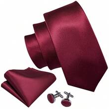 Mens Tie Burgundy Red Solid Necktie With Handkerchief Cufflinks Set Wedding Formal Party - Burgundy - View 3