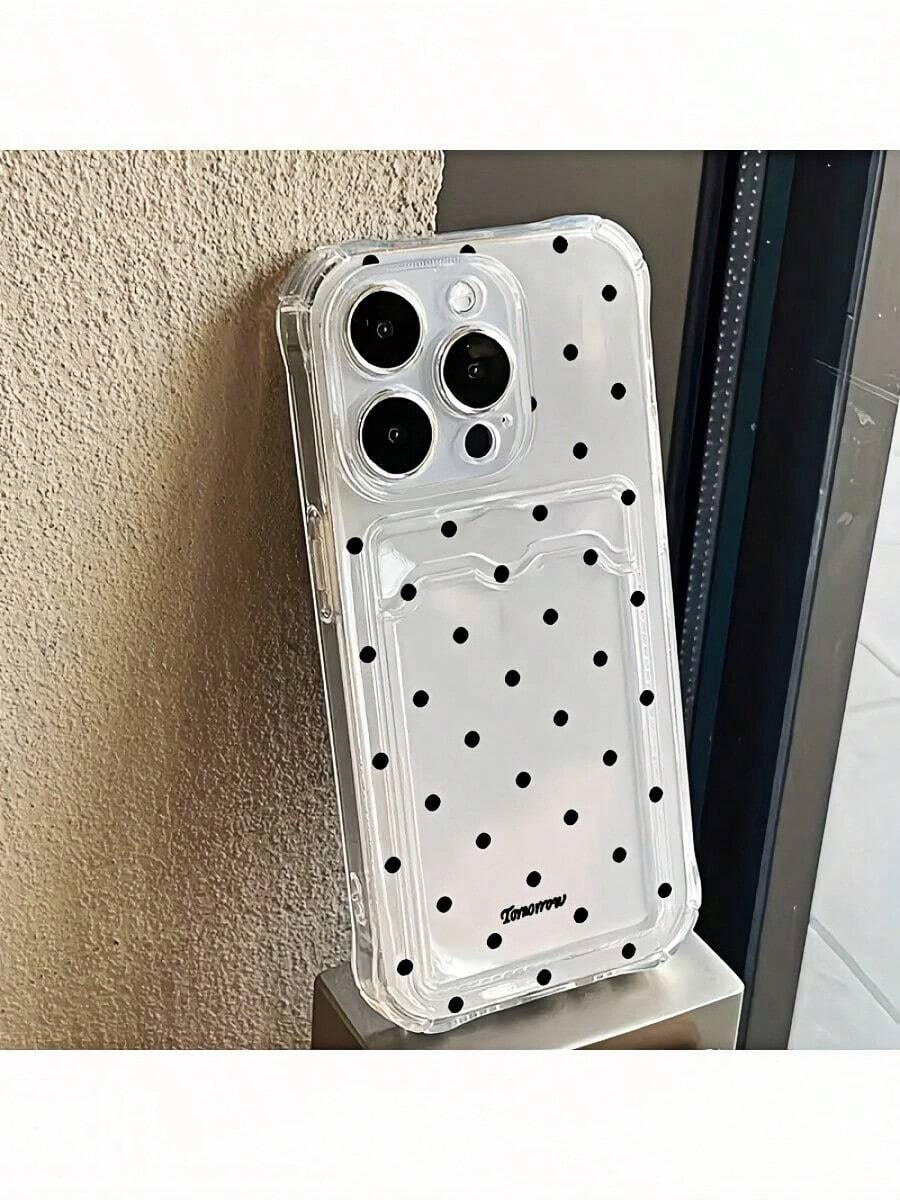 1个黑色波点英文图案透明卡槽防震TPU时尚手机壳，兼容 11/12/13/14/15/16/17 Pro Max、A53/52/51、S22系列，国际版，非国内版