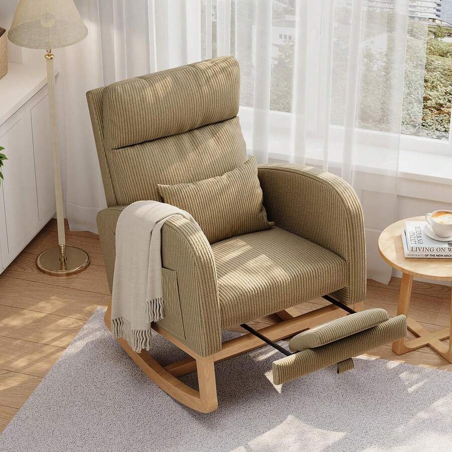 Silla basculante con reposapiés, Corduroy / PU cuero silla planadora con bolsillos laterales, silla de guardería con almohada, Silla basculante acento para sala de estar dormitorio sala de enfermería - Pana marrón claro - Ver 1