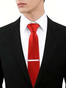 男士纯色领带及领带夹套装，商务通勤高端百搭配饰，送同事、朋友、领导的礼物，节日礼品 - 紅色 - 查看 1