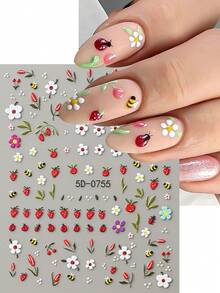 1pc 5D Embossed Floral, Bee, Ladybug, White Flower, Red Fruit Pattern Self-Adhesive Spring Nail Art Stickers, Nail Decor For Women - Multicolor - View 3