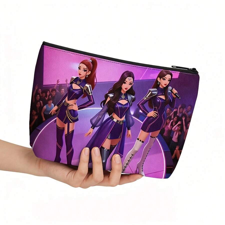 1个女士创意钱包，1个休闲涤纶化妆包，K-Pop系列印花图案，耐用双面印花，可折叠轻便旅行收纳包，多功能大容量，是度假和生日礼物的理想之选 - A - 查看 1