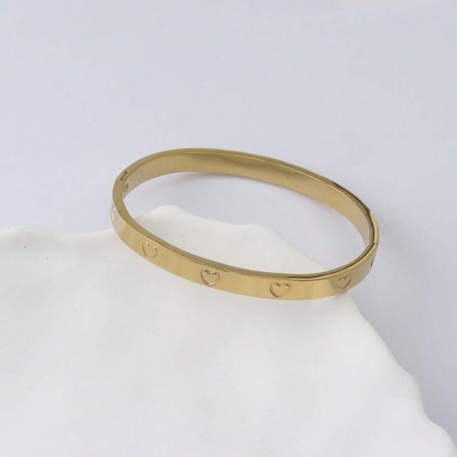 Vòng tay nữ bằng thép không gỉ mạ vàng 24K, đính đá Zirconia hình trái tim và cỏ ba lá, thiết kế mở có thể điều chỉnh. - yêu - Xem 1