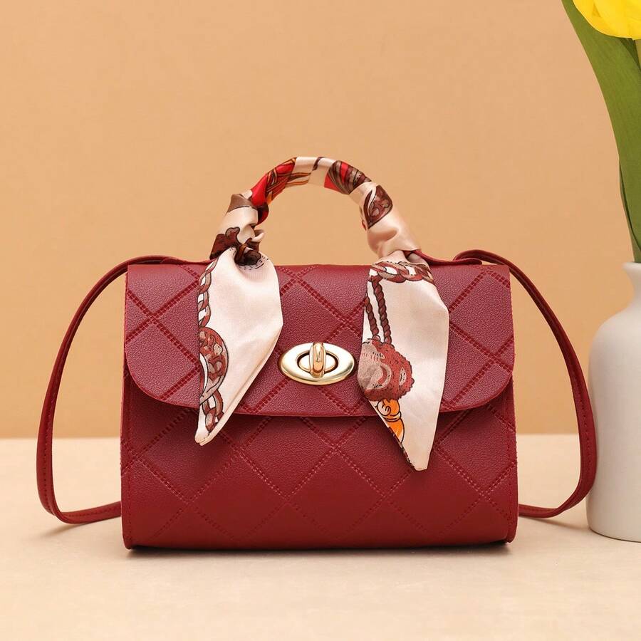 Casual Street Jacquard Plaid Women's Handbag, Scarf Decor Small Square Bag - Burgundy - View 1