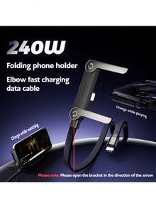 240W-65W Foldable Fast Charging Cable With Adjustable Phone Holder, Dual Type-C & USB-C Super Fast Charging, Bend-Proof Design, Compatible With Apple 15-17 Series, S, Suitable For Car And Home Use - Multicolor - View 3