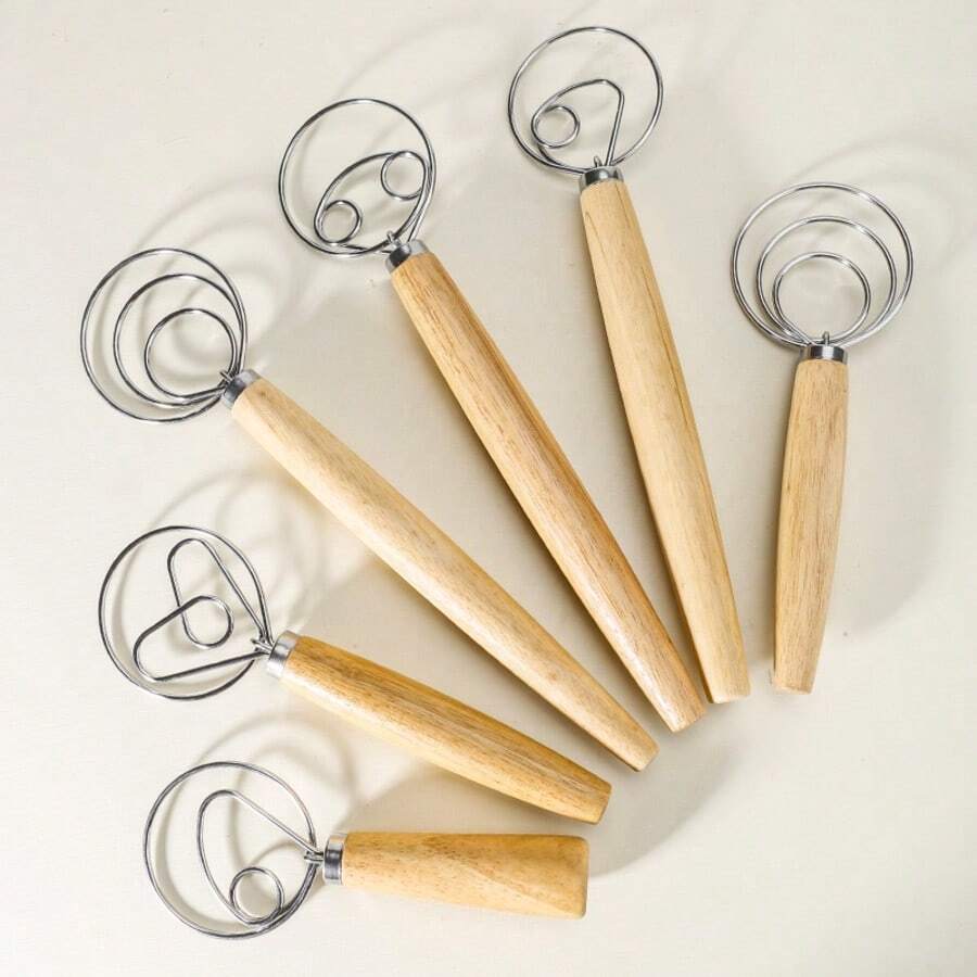 1 pieza Batidor de huevos manual con mango de madera, varilla de acero inoxidable, herramienta de cocción para mezclar y amasar harina - Ver 1