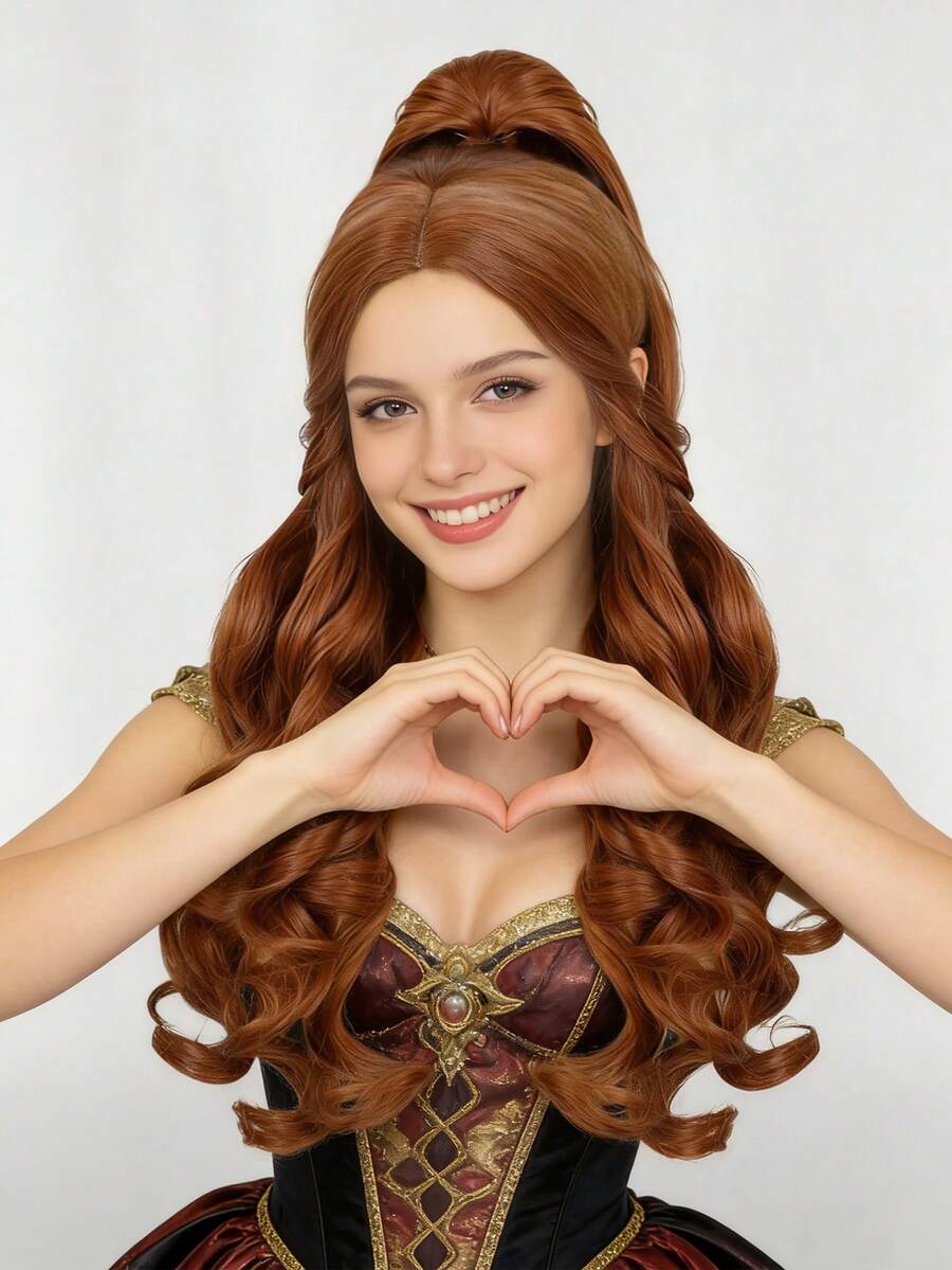 Perruque longue ondulée auburn avec queue de cheval mi-relevée pour femmes - cheveux synthétiques résistants à la chaleur de couleur brun rougeâtre naturel, perruque de princesse pour cosplay, vagues volumineuses avec raie au milieu, design de queue de cheval amovible, look réaliste, bonnet doux et respirant, facile à porter et à recoiffer, parfait pour les fêtes, les costumes de vacances, le port quotidien, les soirées à thème, les mariages, un excellent cadeau pour les femmes - Tabac - Voir 1