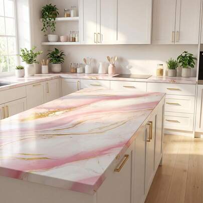 1 rouleau de papier peint autocollant rose marbré, avec des veines dorées et une finition brillante. Papier contact amovible et imperméable, idéal pour les plans de travail de cuisine, les dosseret, les meubles de salle de bain, les meubles et les murs d'accent. Décorations pour la maison et les pièces, sans dommage pour la location.